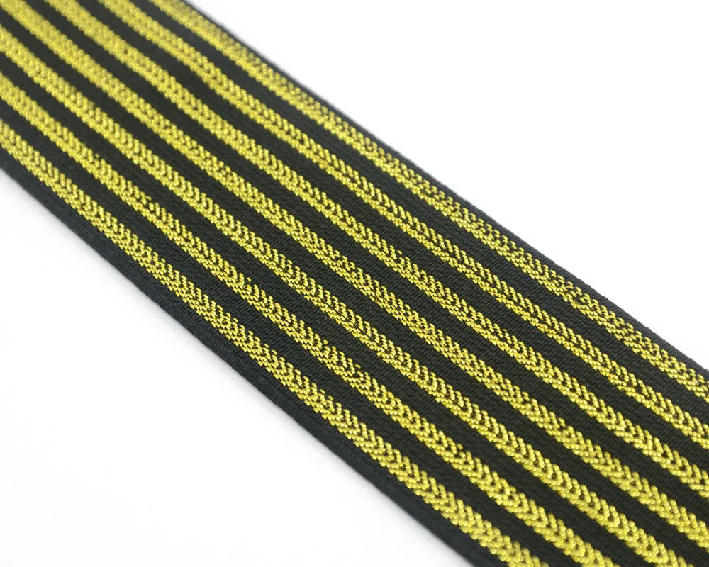 2 inch (50mm) Wide Gold Glitter Striped Black Elastic - 1 Yard