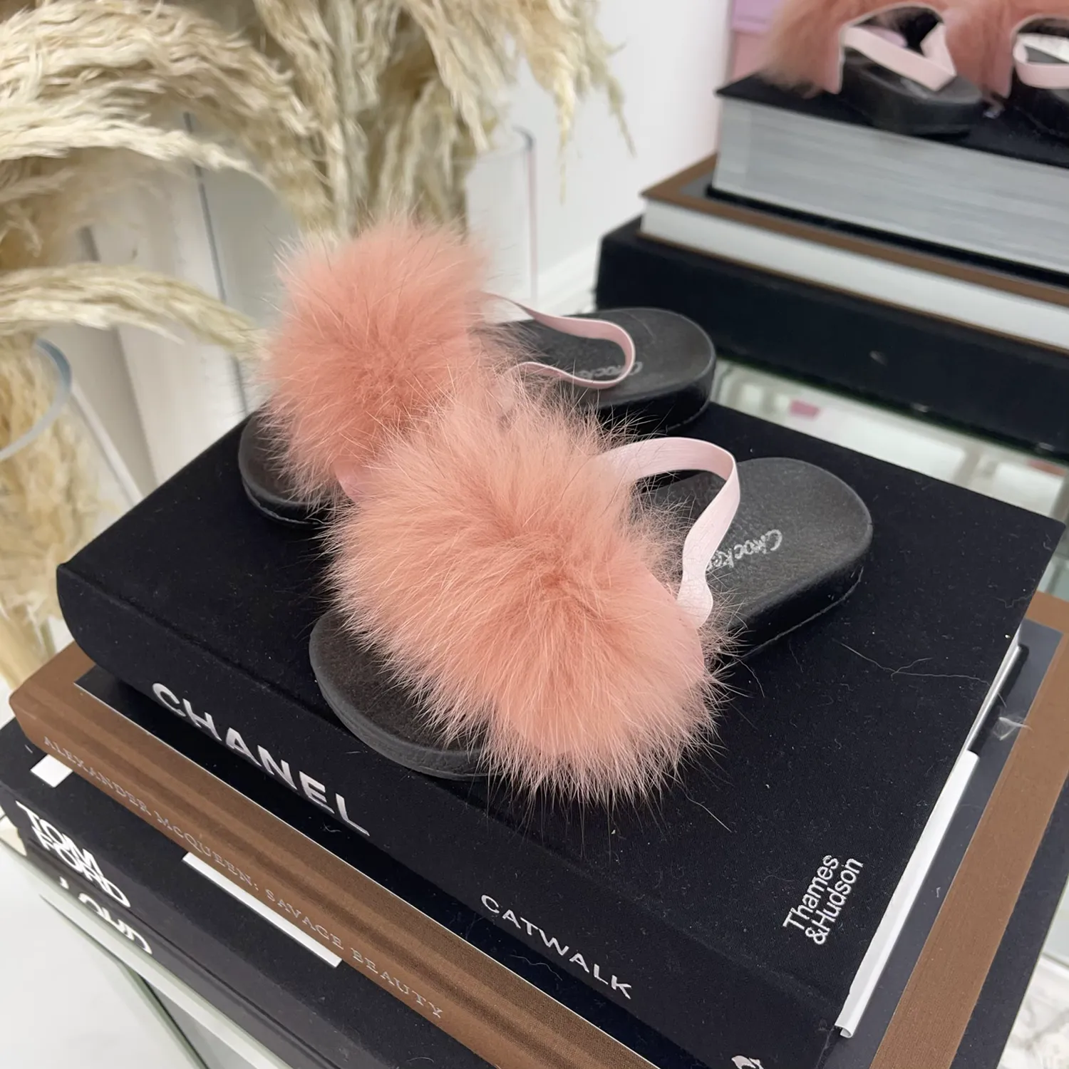 Baby Celine- Pink Faux Fur Sliders