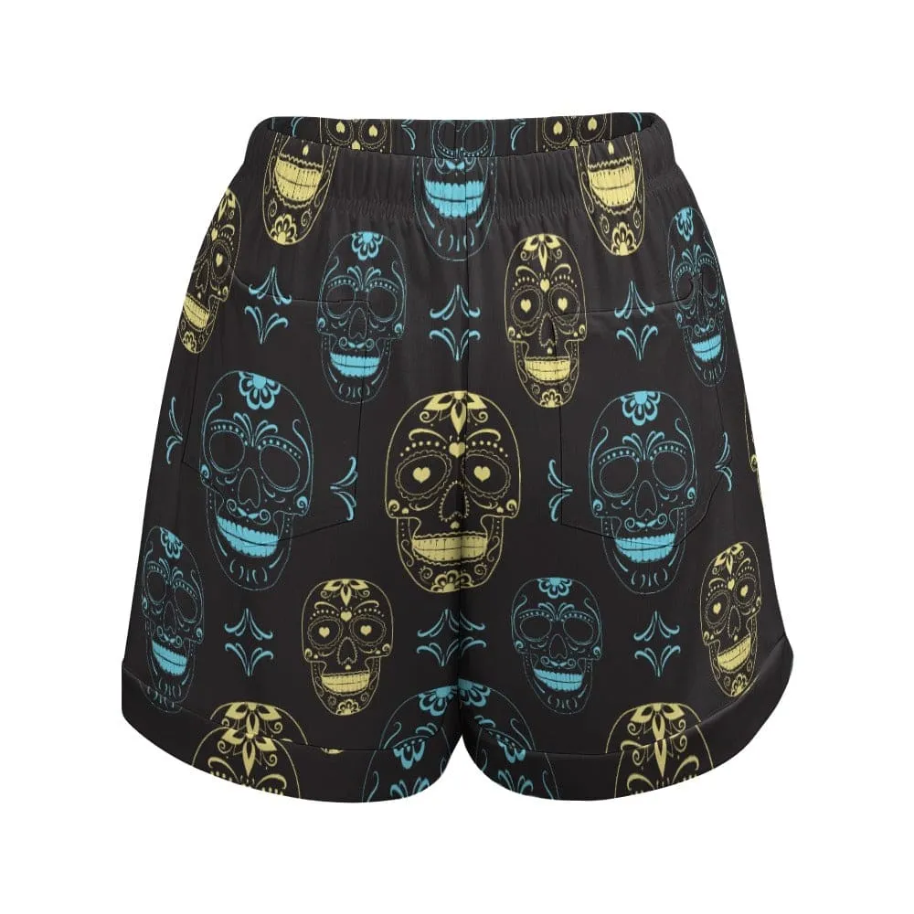 Blue & Gold Skulls High Waist Loose Shorts