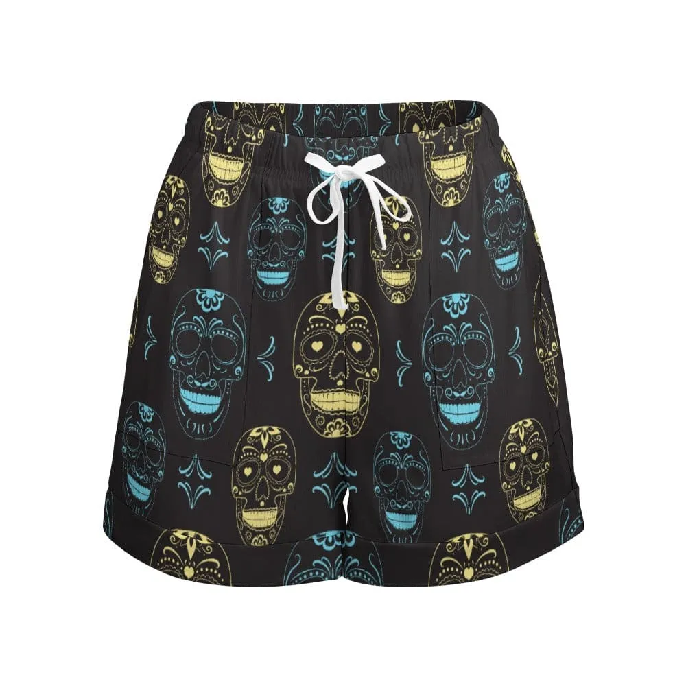 Blue & Gold Skulls High Waist Loose Shorts