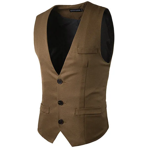 Formal Business Fashion Slim Fit Casual Pure Color Korean Style Single Breasted Vest for Men