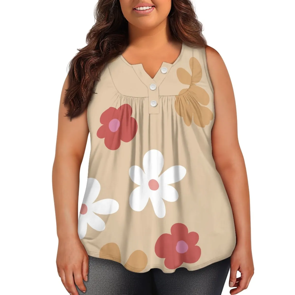 Khaki Bottom Colorful Flower Sleeveless Women's Clothing