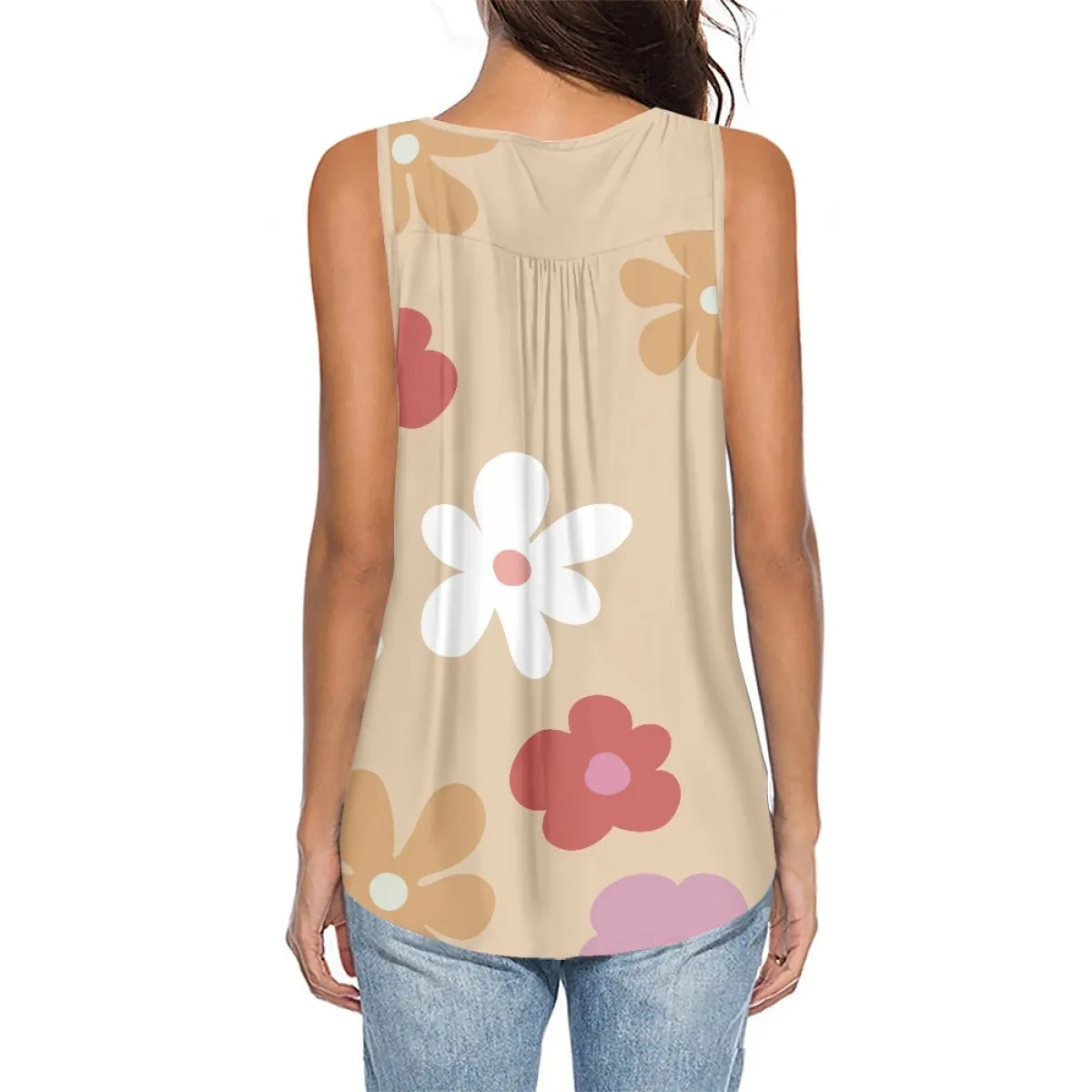 Khaki Bottom Colorful Flower Sleeveless Women's Clothing