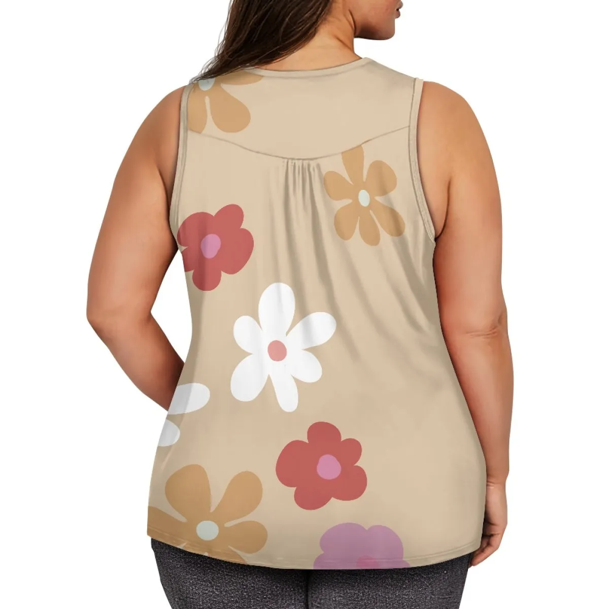 Khaki Bottom Colorful Flower Sleeveless Women's Clothing