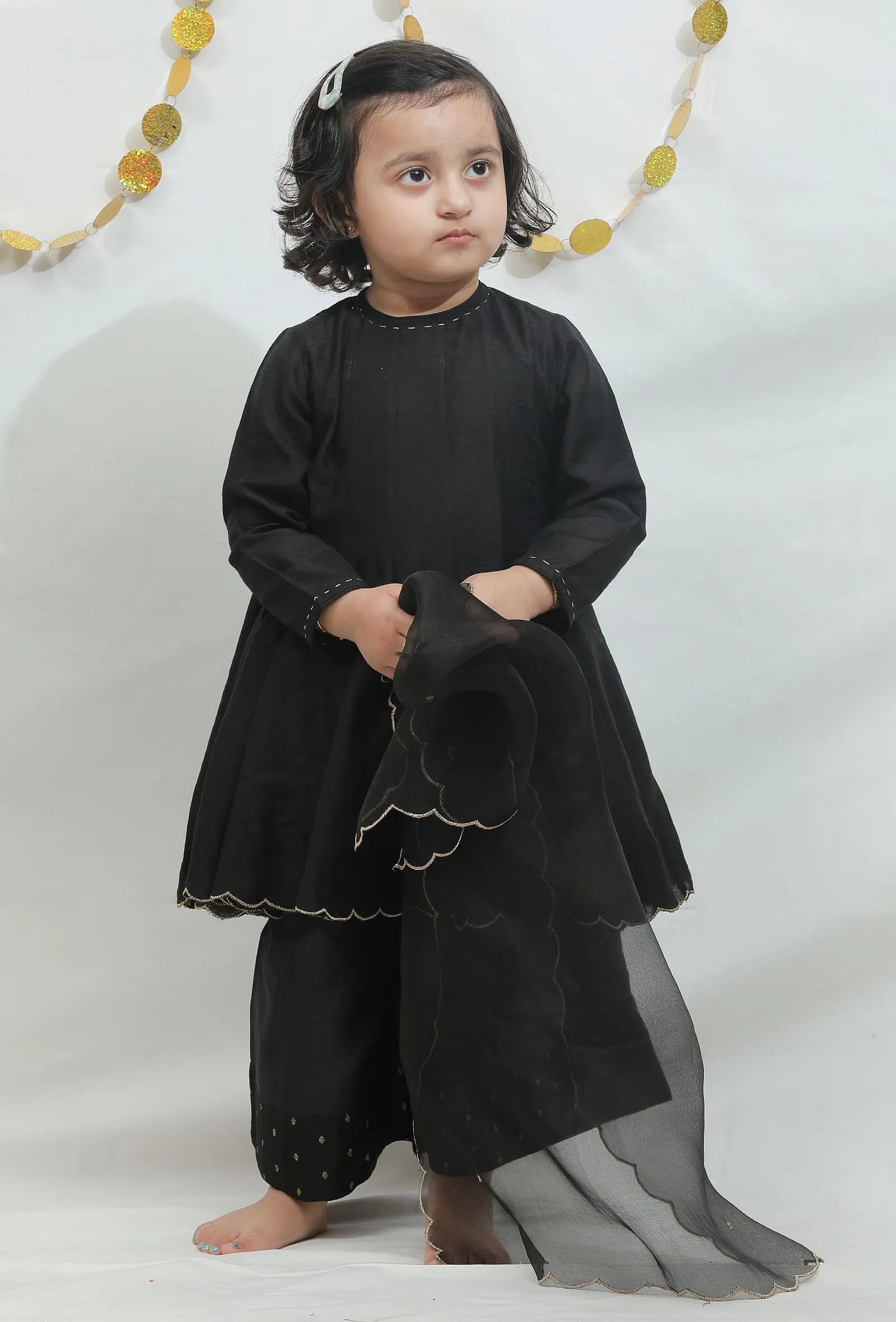 Set of 3: Black Chanderi Kurta with Sharara with Organza Dupatta