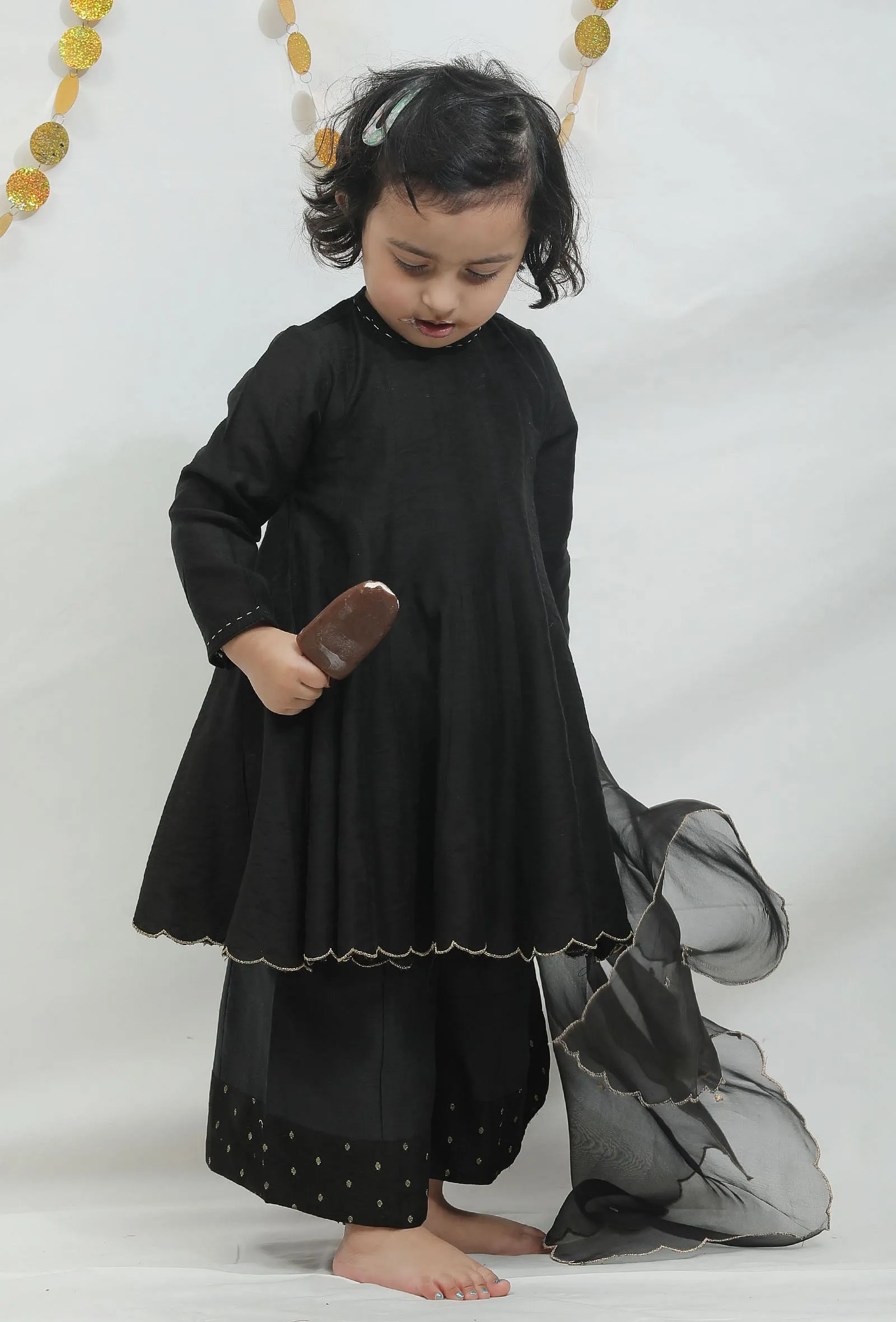 Set of 3: Black Chanderi Kurta with Sharara with Organza Dupatta