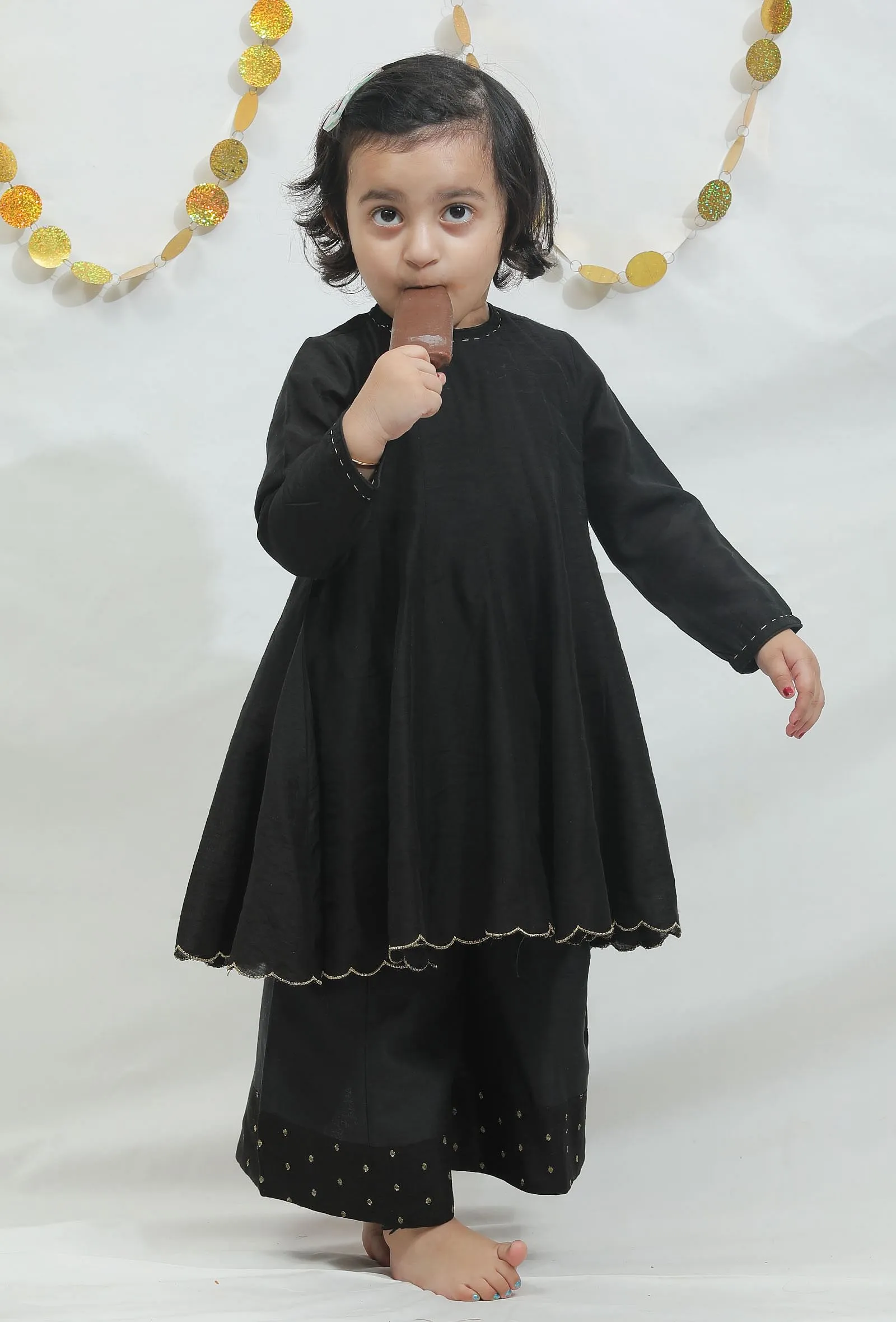 Set of 3: Black Chanderi Kurta with Sharara with Organza Dupatta