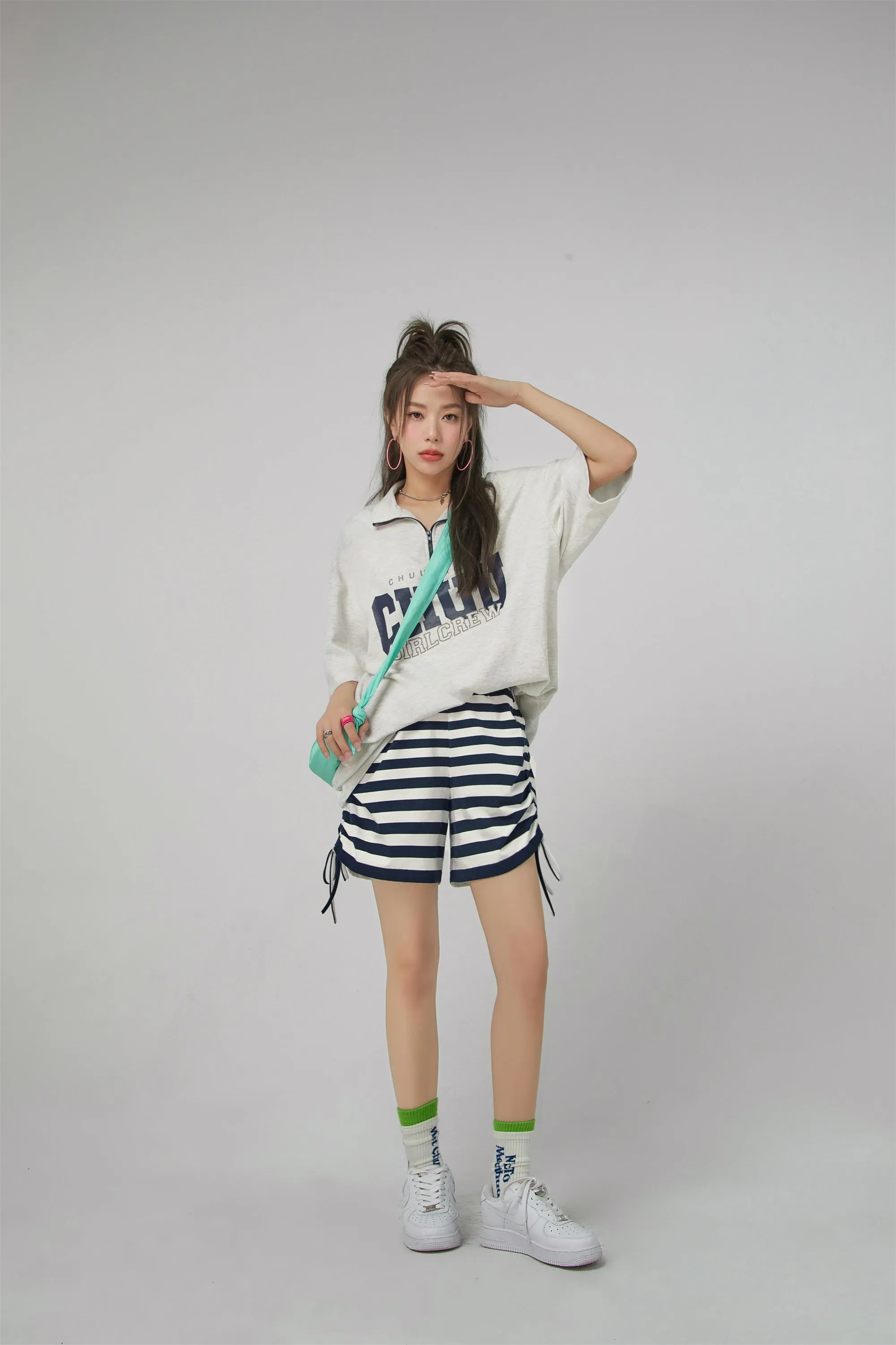 Striped Shirring Loose Shorts