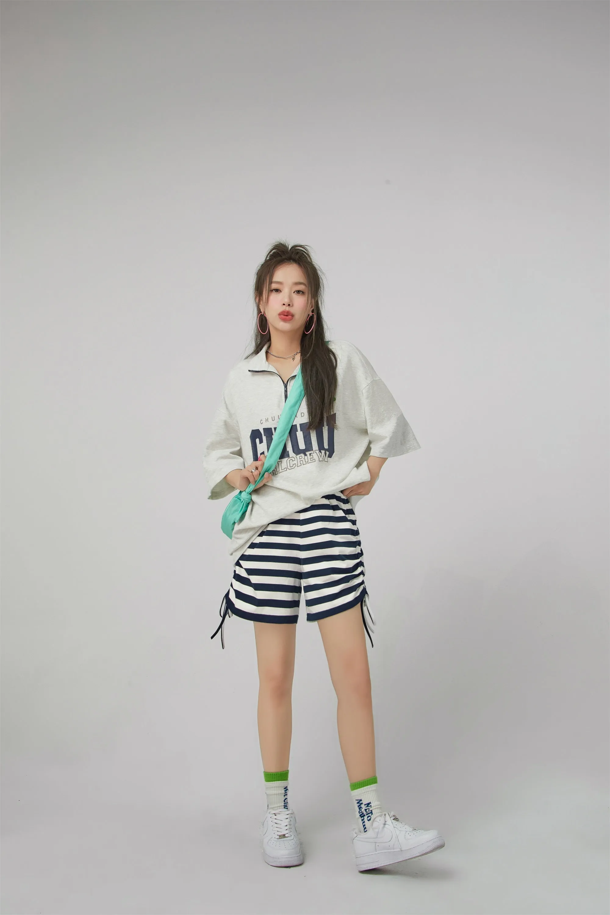 Striped Shirring Loose Shorts