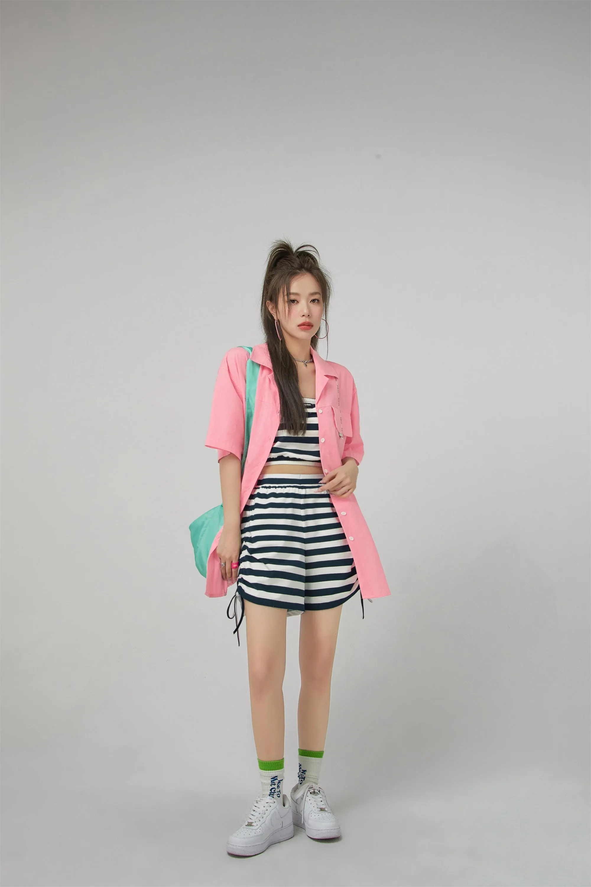 Striped Shirring Loose Shorts