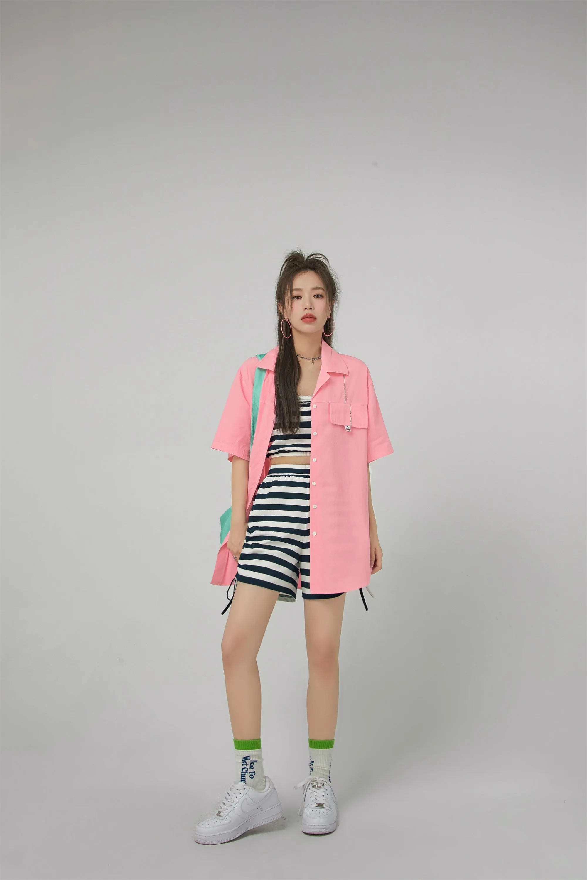 Striped Shirring Loose Shorts